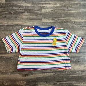 Looney Tunes Tweety Bird Rainbow Stripe Crop Tee M Embroidered Graphic Shirt